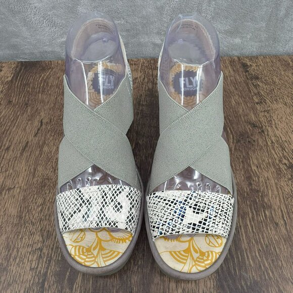 Fly London Yaji Wedges Sandals 38 7 Grey Cream Snakeskin Cross Strappy Leather - Picture 5 of 14